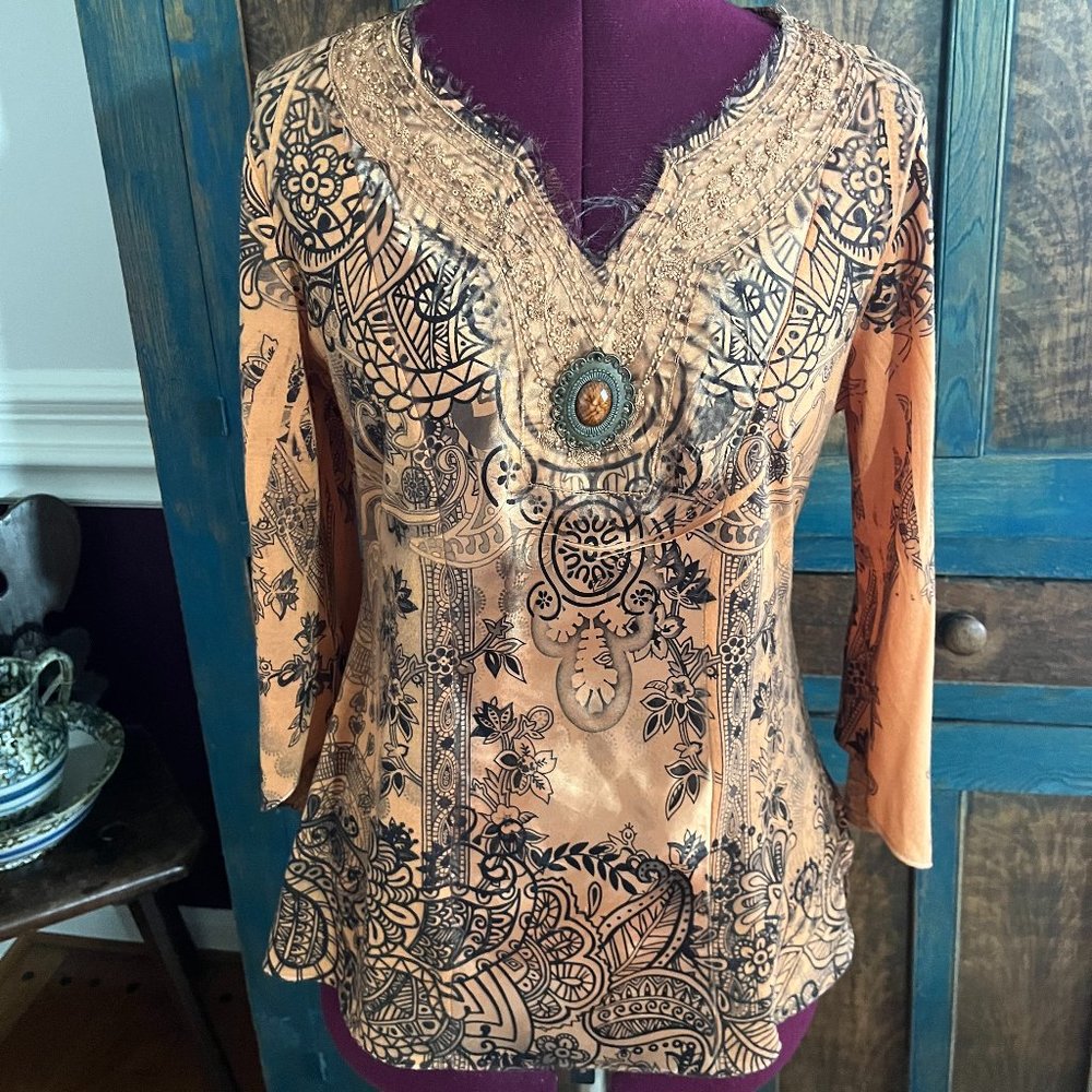 2 FOR $15 - Flattering B.L.E.U. Embellished Embroidered Long Sleeve Tunic Top